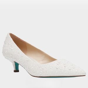 Betsey Johnson White Embellished Pointed-Toe Kitten Heel Pump